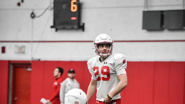 Wisconsin kicker Nate Van Zelst attempting a field goal during spring practice (Credit: UW Athletics)